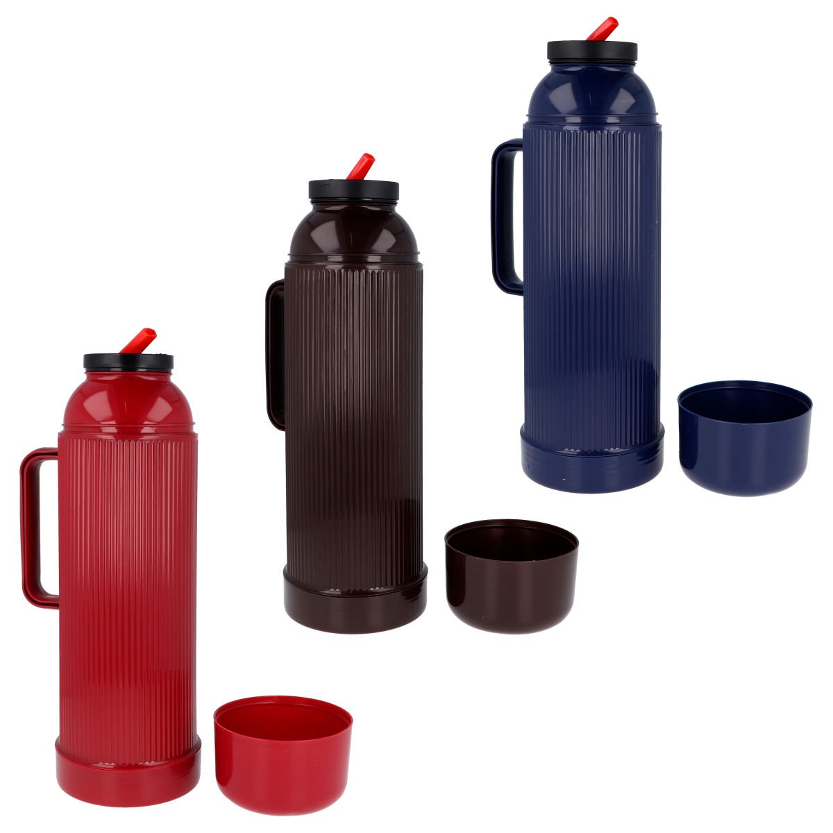 Termo de plástico liso con asa y tapón cebador, 1 L