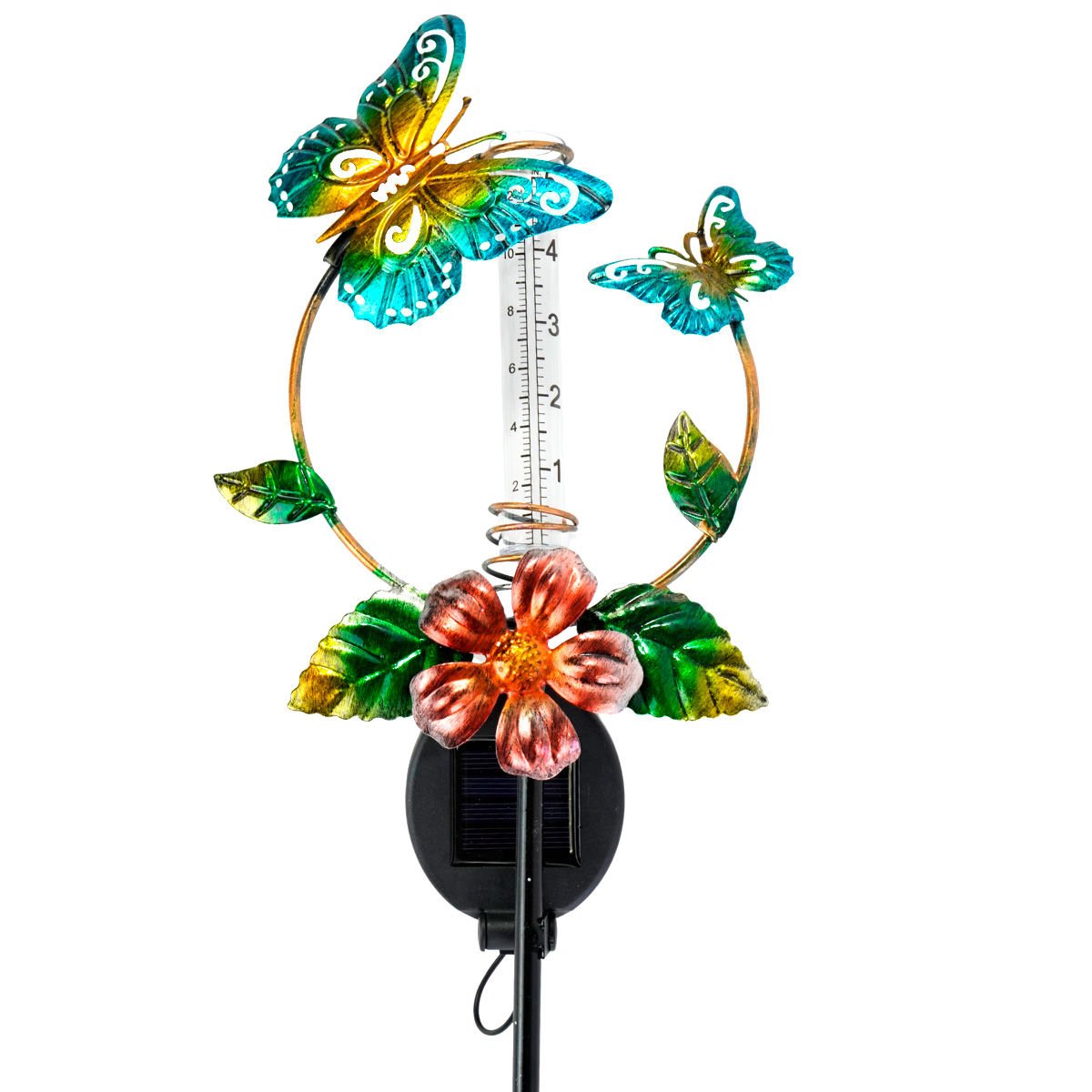 Tutor para plantas de metal mariposa con pluviometro solar, 17 × 77 cm