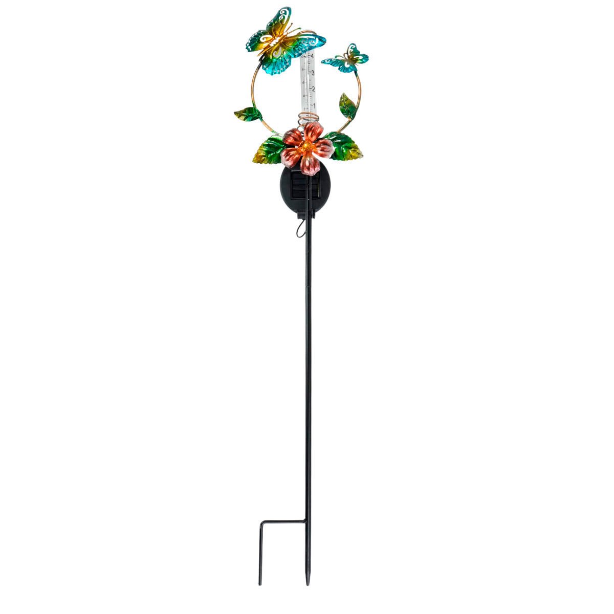 Tutor para plantas de metal mariposa con pluviometro solar, 17 × 77 cm