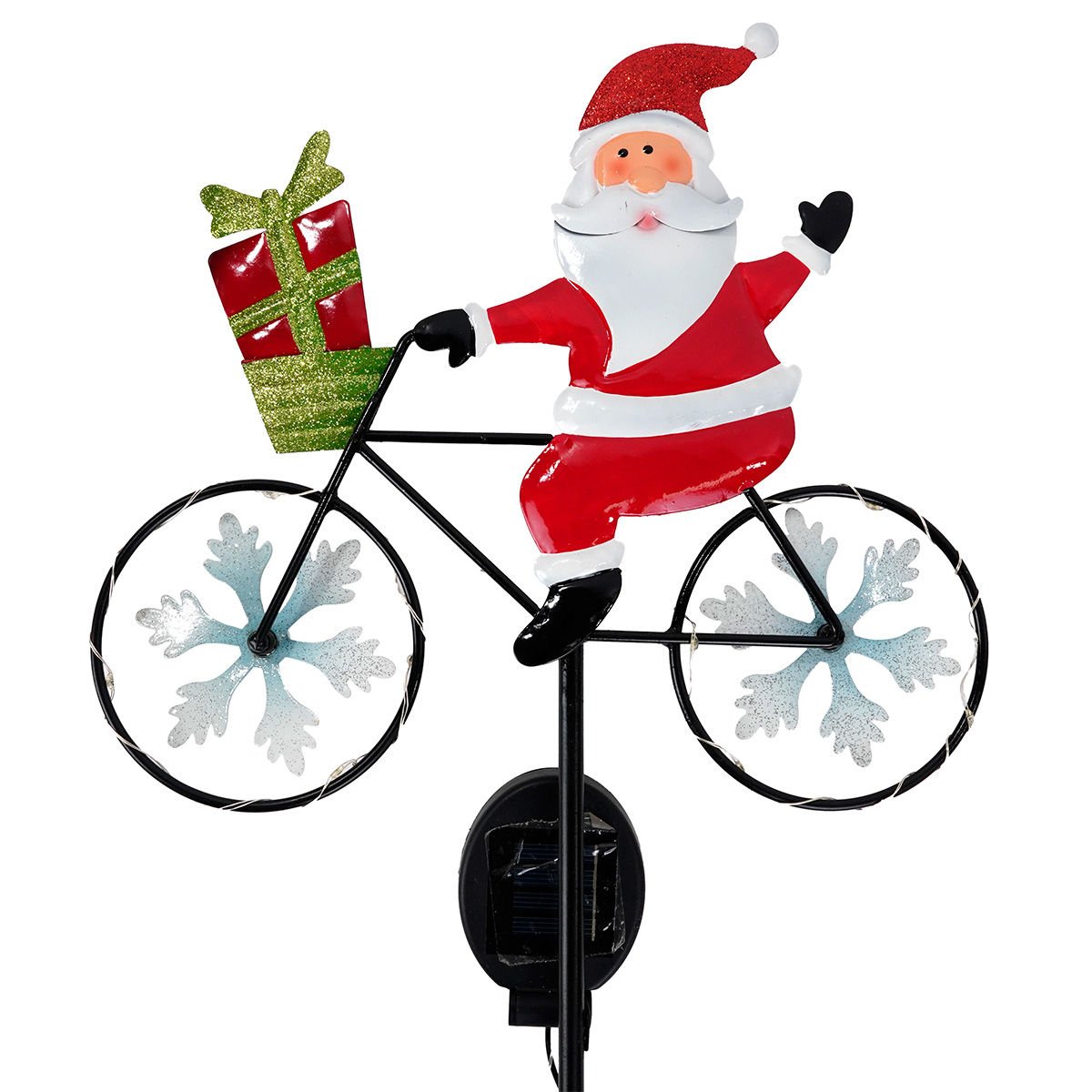 Tutor para plantas de metal navideño santa con bicicleta solar, 28 × 79 cm