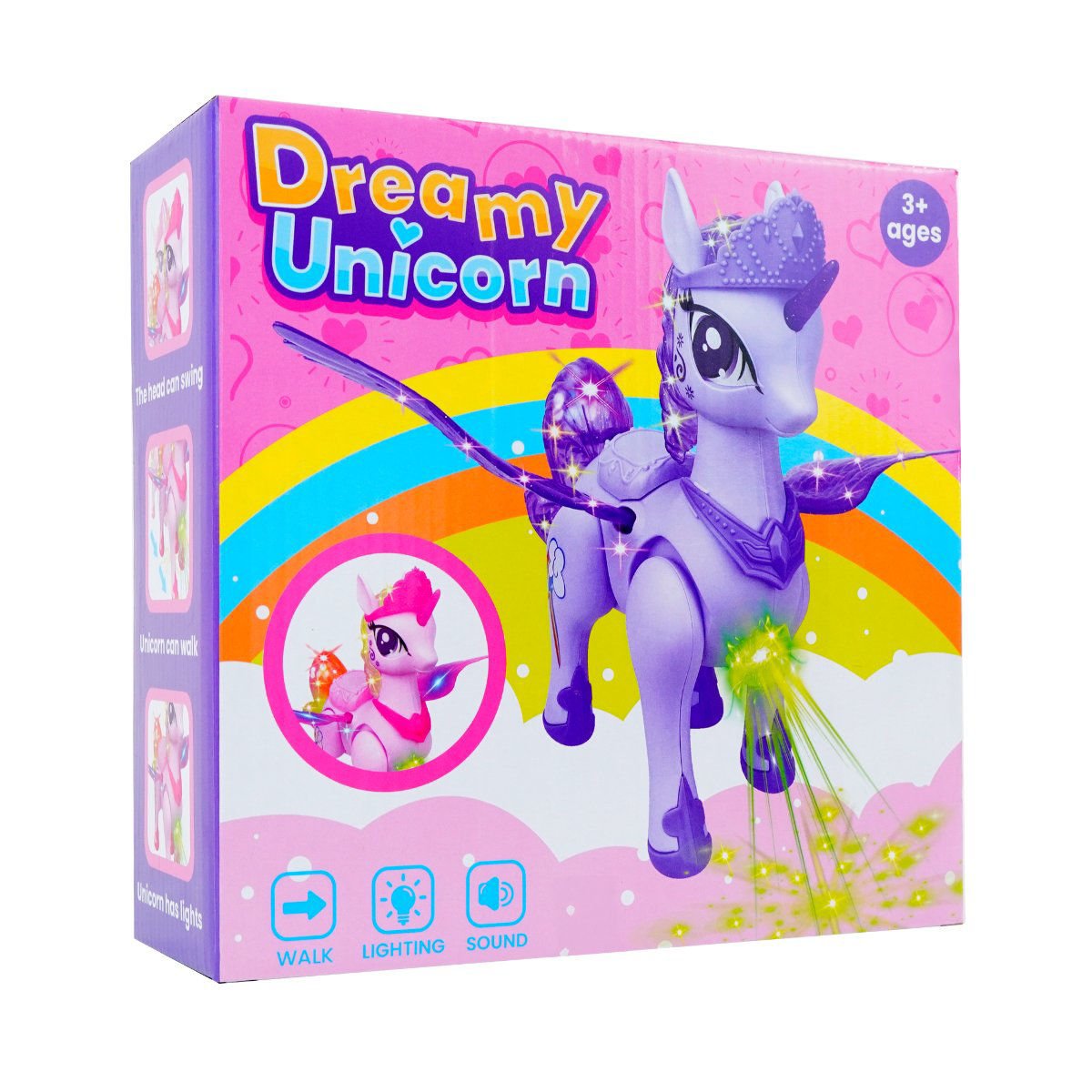 Unicornio con alas luces sonido y movimiento a pila
