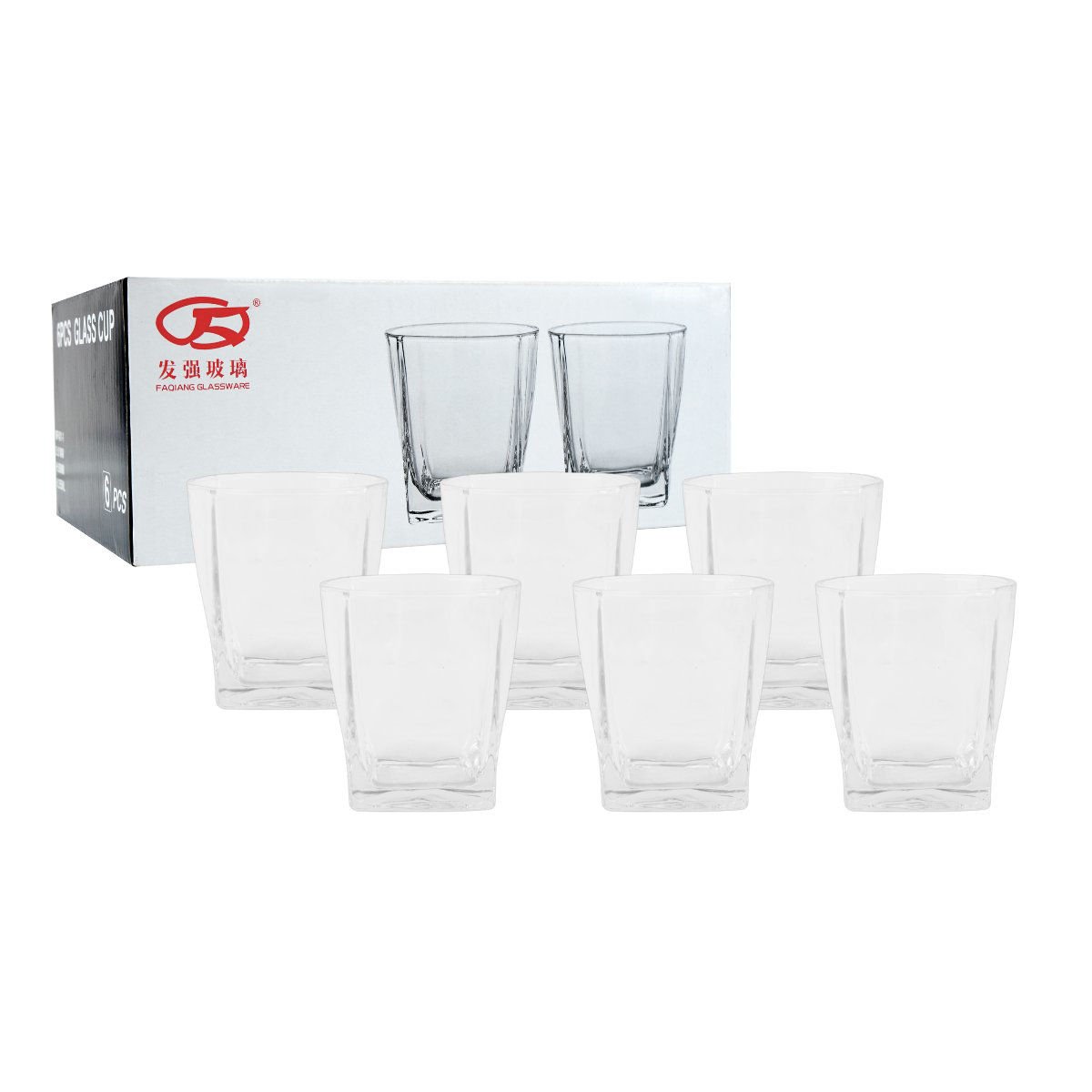 Vaso whisky vidrio base cuadrada, 255 ml, pack de 6