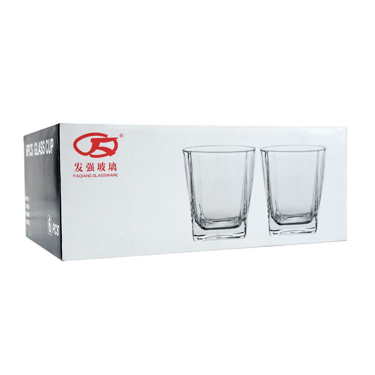 Vaso whisky vidrio base cuadrada, 255 ml, pack de 6
