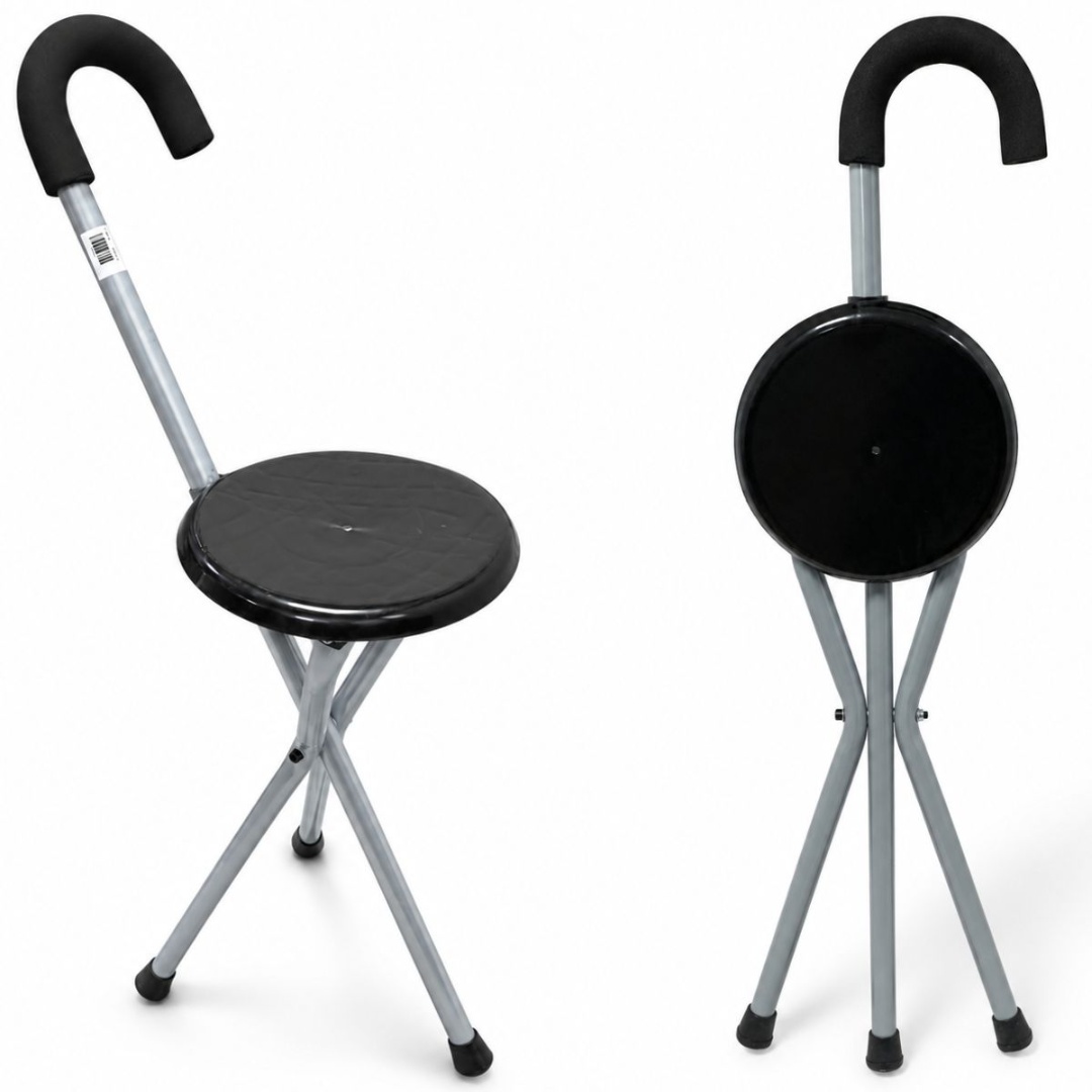 Bastón con asiento plegable de aluminio gris y negro, 88 cm