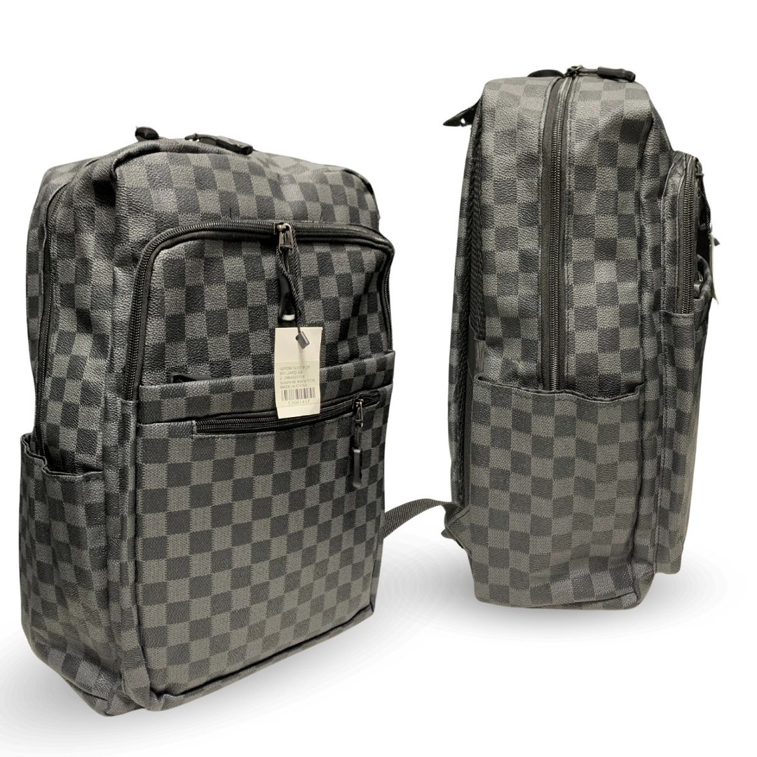 Mochila a cuadros forrada de cuero PVC, 39 × 42 × 15 cm