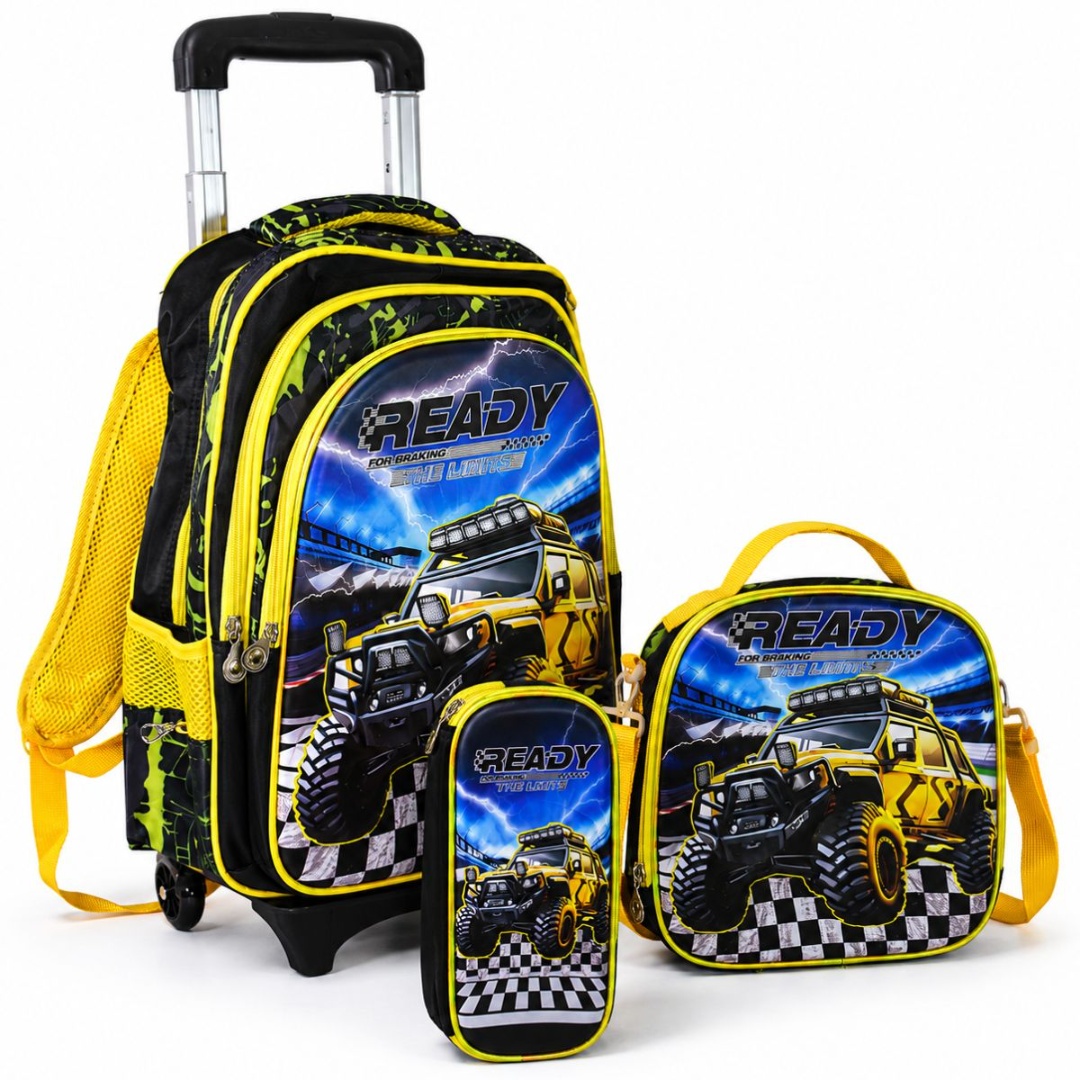 Mochila carrito con lonchera térmica y cartuchera, azul y amarillo