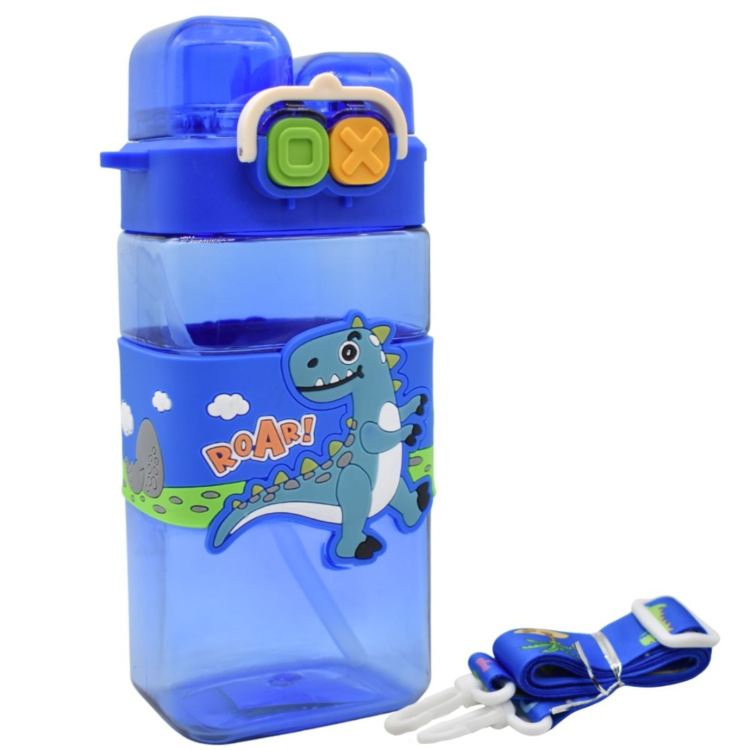 Botella de dinosaurio con doble pico azul, 450 ml