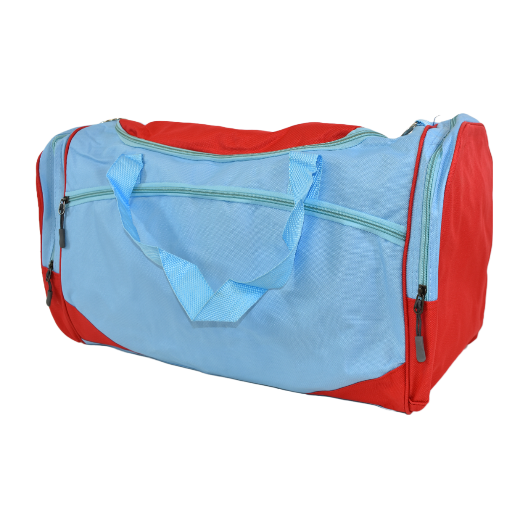 Bolso deportivo celeste con rojo, 55 × 25 cm
