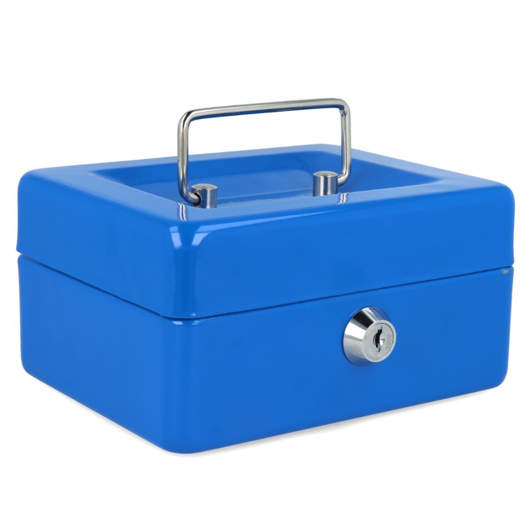 Caja de seguridad metálica azul con llave, 15 × 12 × 8 cm