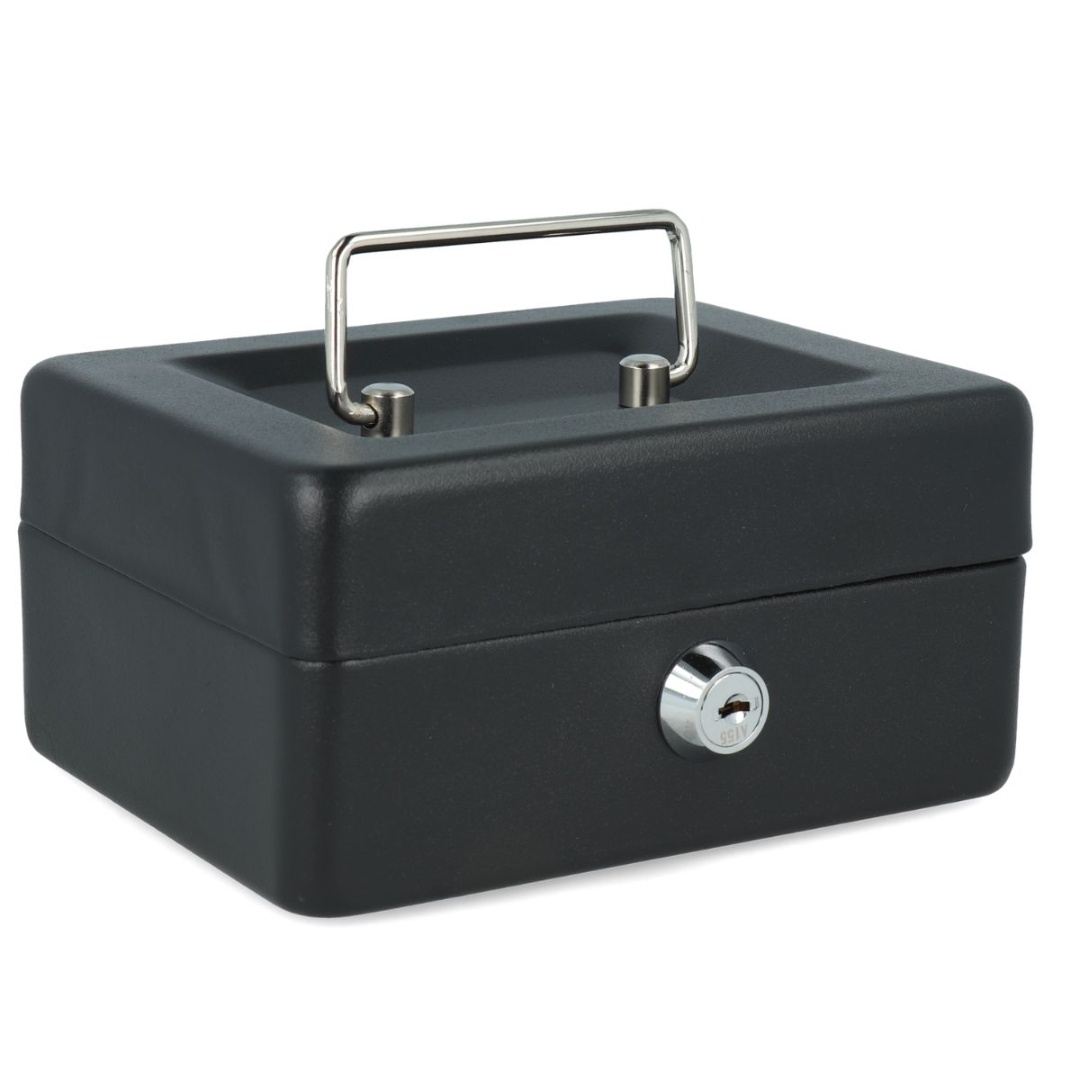 Caja de seguridad metálica negra con llave, 15 × 12 × 8 cm