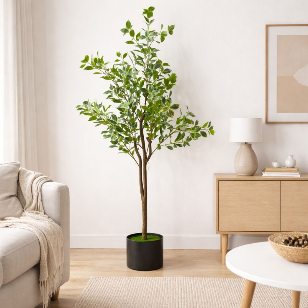 Árbol artificial ficus decorativo verde con maceta negra, 1,40 m
