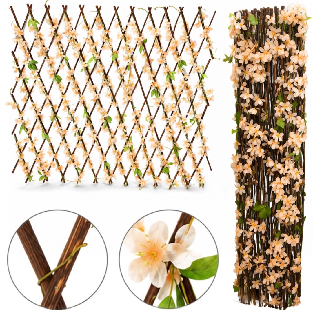 Cerco de madera natural extensible con flores artificiales, 3 m