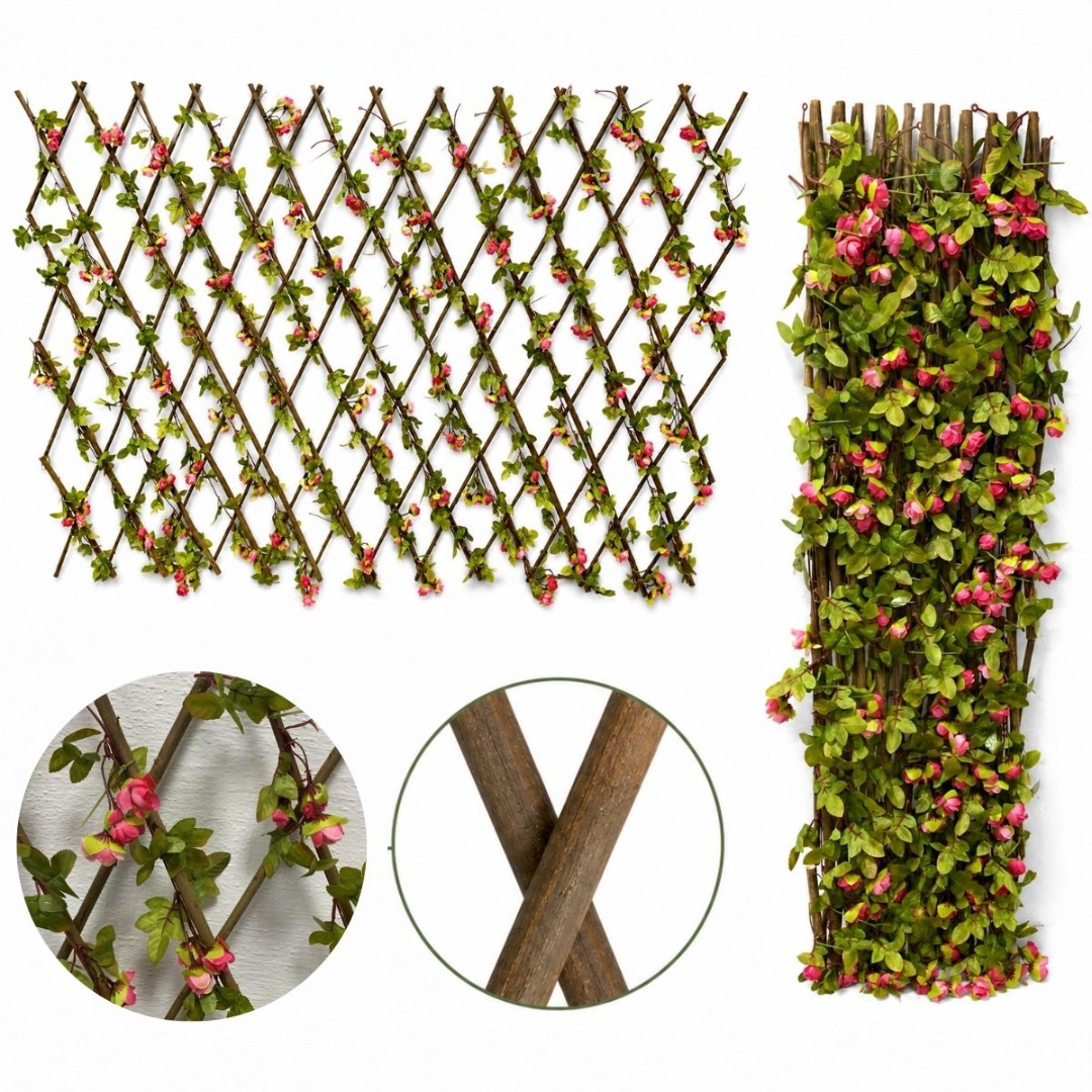 Cerco de madera natural extensible con flores artificiales rosa, 3 m