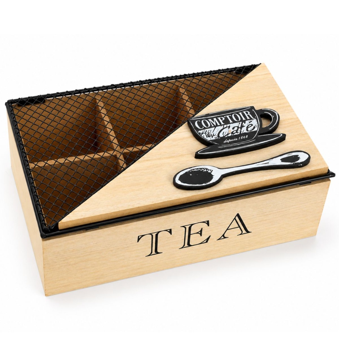 Caja de madera para sobres de té con 6 separaciones, 24 × 16 × 8 cm