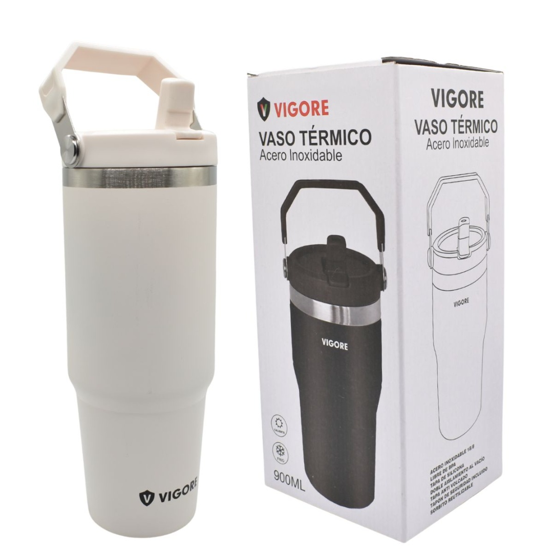 Vaso térmico Vigore con asa de acero inoxidable marfil, 900 ml