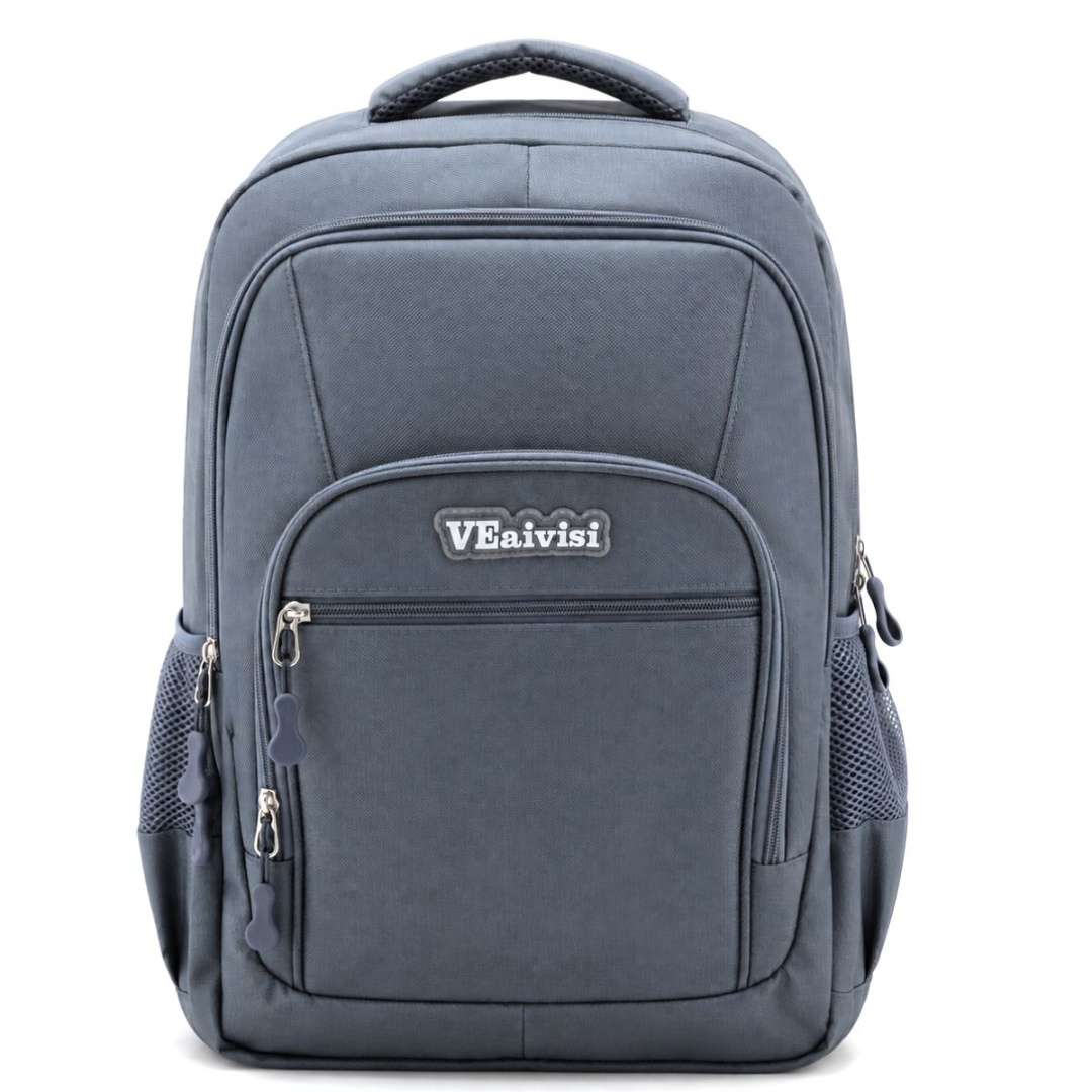 Mochila gris con múltiples compartimentos con cierre, 48 × 30 × 15 cm