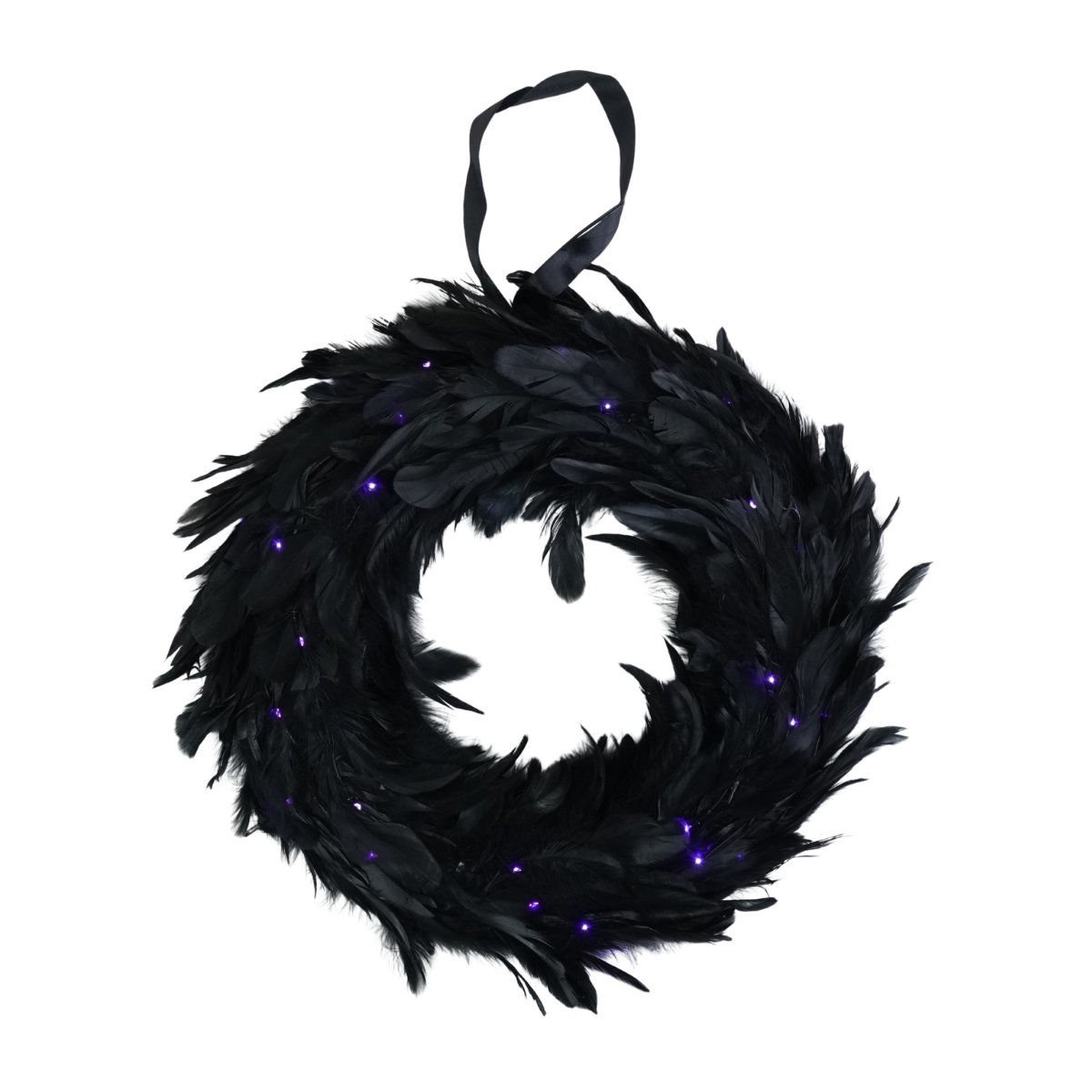 Corona halloween con plumas negras y luces violeta a pila, 38 cm
