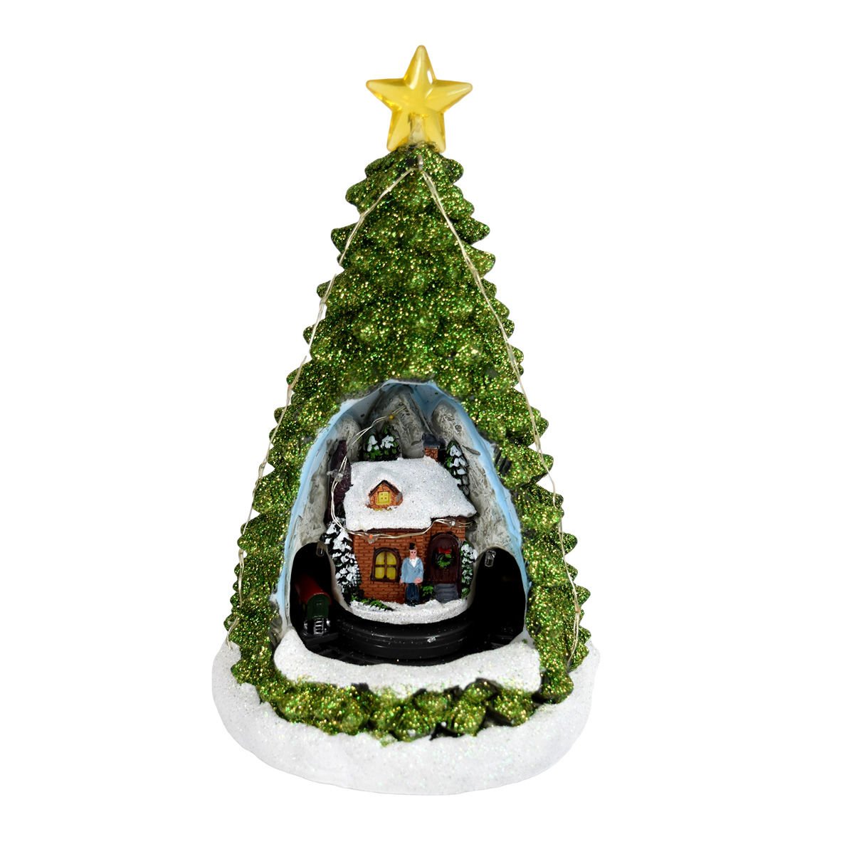 Árbol navideño de cerámica con tren y casa, luz y sonido, a pila o USB