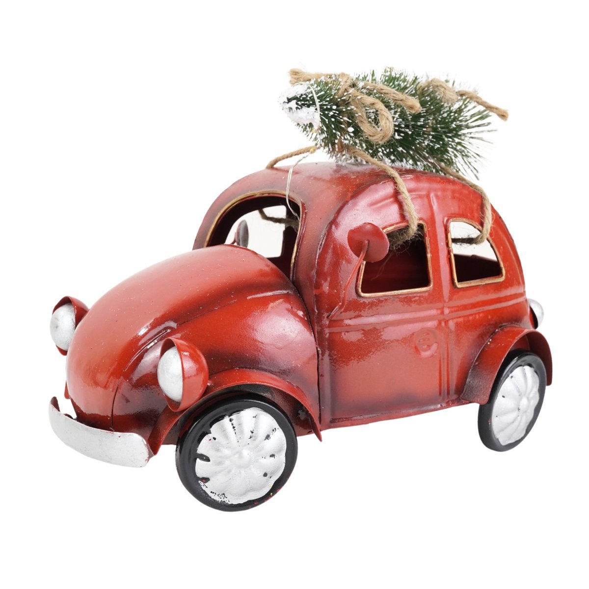Auto navideño de metal con luces a pila, 21,5 × 12,5 × 16 cm