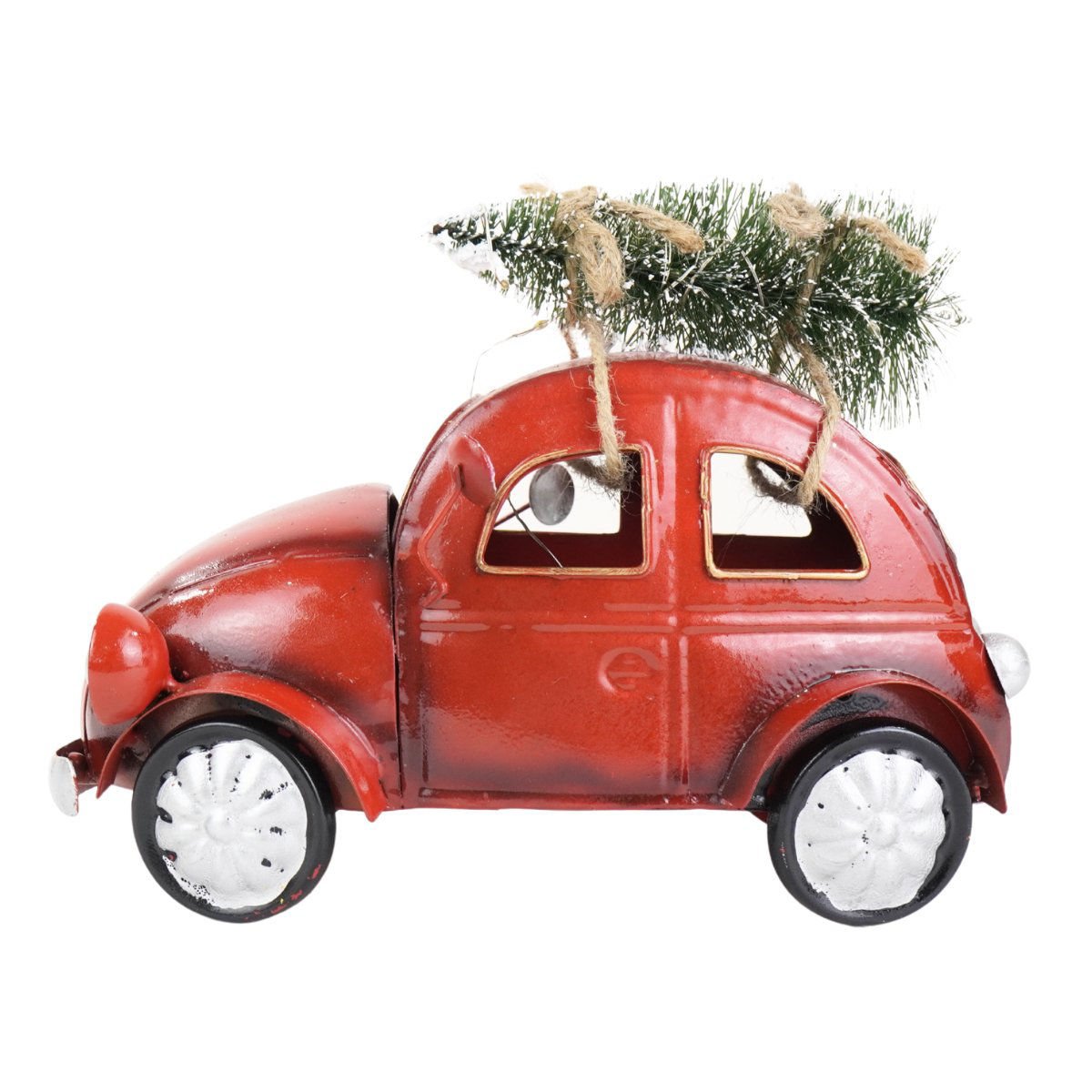 Auto navideño de metal con luces a pila, 21,5 × 12,5 cm