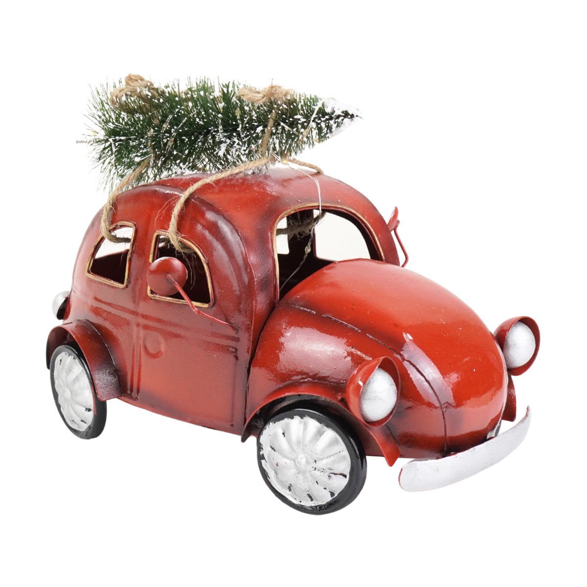 Auto navideño de metal con luces a pila, 21,5 × 12,5 cm
